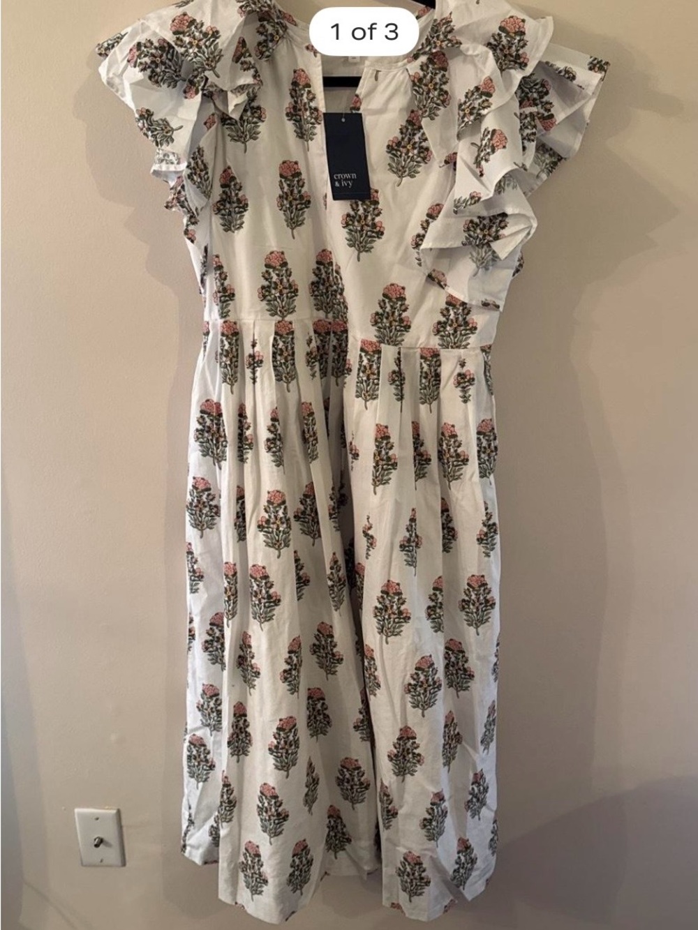 Crown White Midi Dress with Pink and Green Floral Print